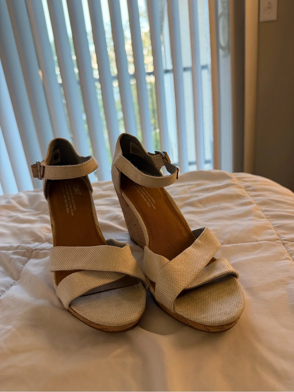 TOMS Beige Wedge Sandals with Ankle Strap - Women Shoes